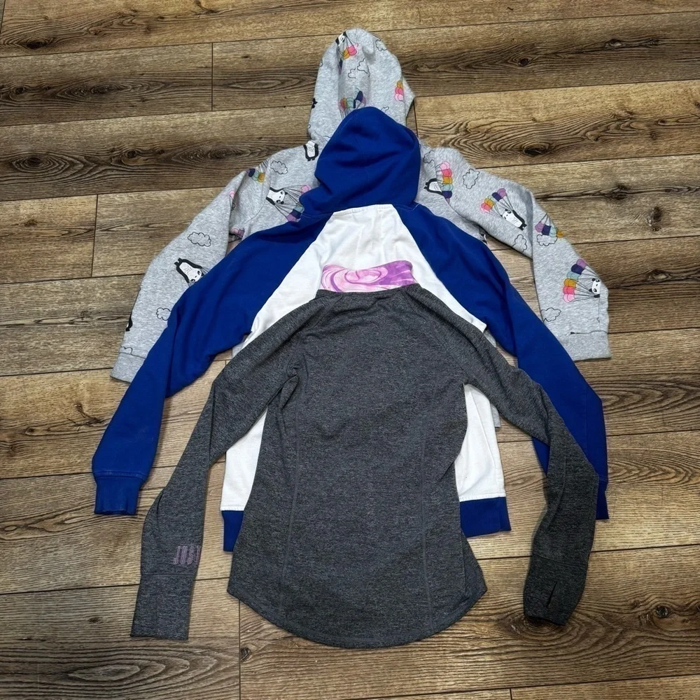 3 sweatshirts, Stranger Things, purple gray zip up, panda bears, similar fit.